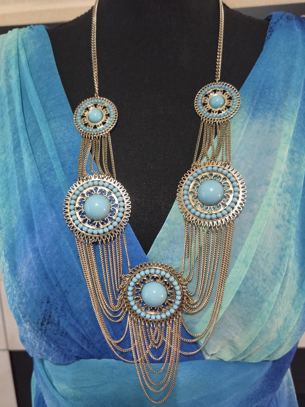 Charming Charlie Turquoise and Gold Multi-Tier Fringe Statement Necklace